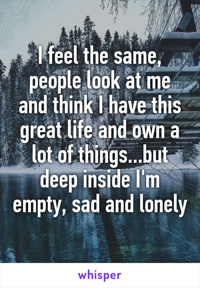 I feel the same, people look at me and think I have this great life and own a lot of things...but deep inside I'm empty, sad and lonely 