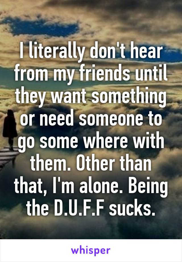 I literally don't hear from my friends until they want something or need someone to go some where with them. Other than that, I'm alone. Being the D.U.F.F sucks.