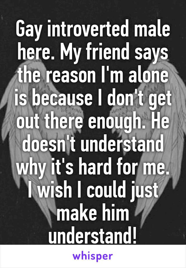 Gay introverted male here. My friend says the reason I'm alone is because I don't get out there enough. He doesn't understand why it's hard for me. I wish I could just make him understand!