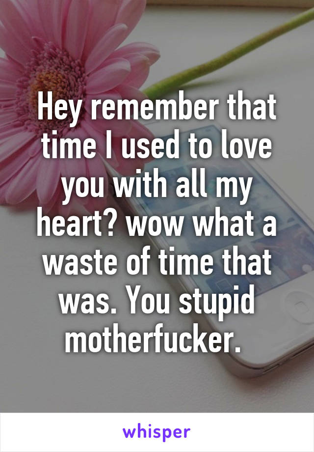 Hey remember that time I used to love you with all my heart? wow what a waste of time that was. You stupid motherfucker. 