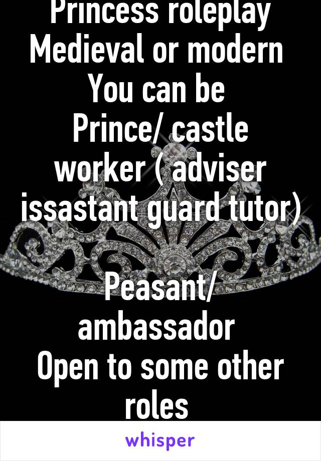 Princess roleplay
Medieval or modern 
You can be 
Prince/ castle worker ( adviser issastant guard tutor) 
Peasant/ ambassador 
Open to some other roles 
