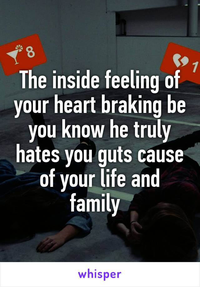 The inside feeling of your heart braking be you know he truly hates you guts cause of your life and family  