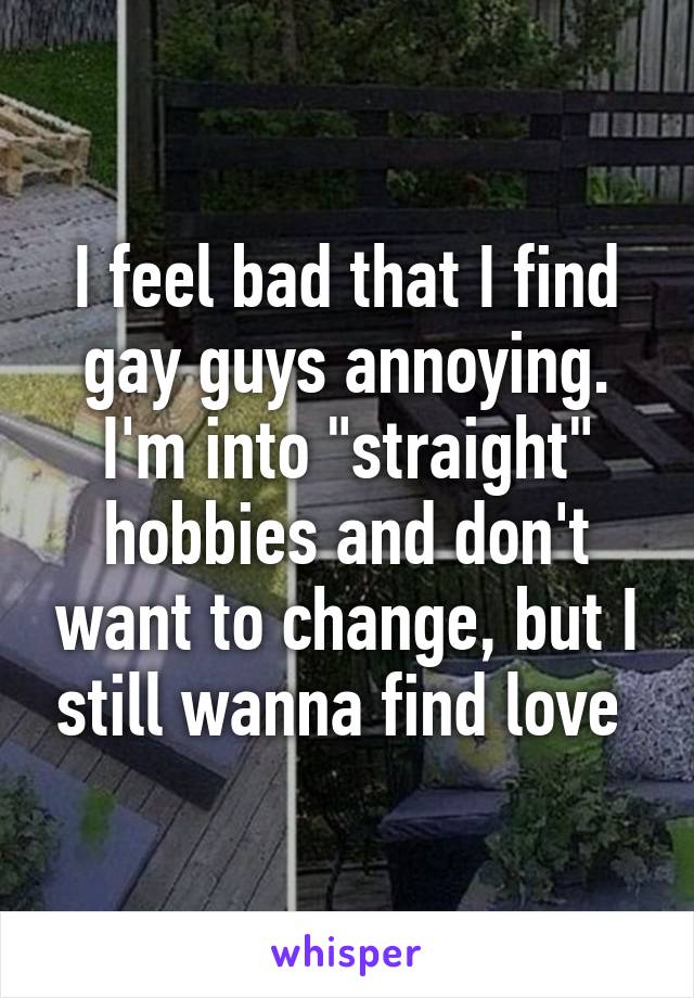 I feel bad that I find gay guys annoying. I'm into "straight" hobbies and don't want to change, but I still wanna find love 