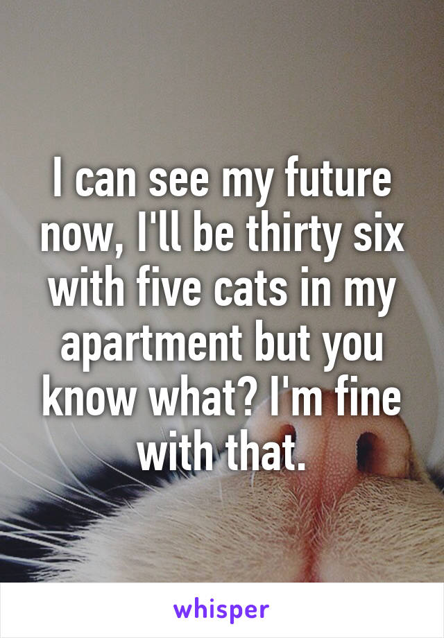 I can see my future now, I'll be thirty six with five cats in my apartment but you know what? I'm fine with that.