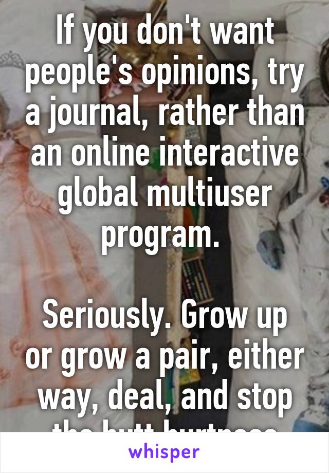 If you don't want people's opinions, try a journal, rather than an online interactive global multiuser program. 

Seriously. Grow up or grow a pair, either way, deal, and stop the butt hurtness