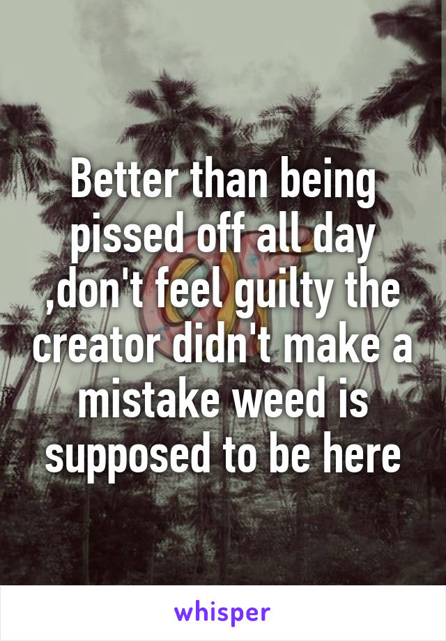 Better than being pissed off all day ,don't feel guilty the creator didn't make a mistake weed is supposed to be here