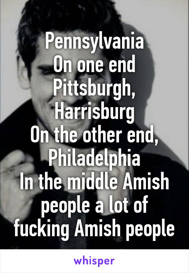 Pennsylvania
On one end Pittsburgh, Harrisburg
On the other end, Philadelphia
In the middle Amish people a lot of fucking Amish people