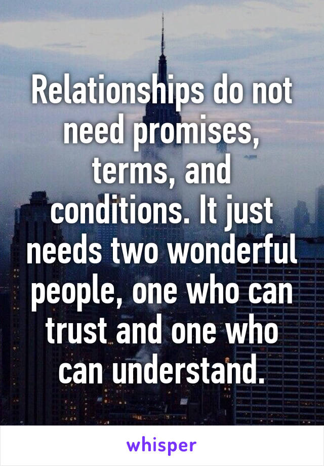 Relationships do not need promises, terms, and conditions. It just needs two wonderful people, one who can trust and one who can understand.