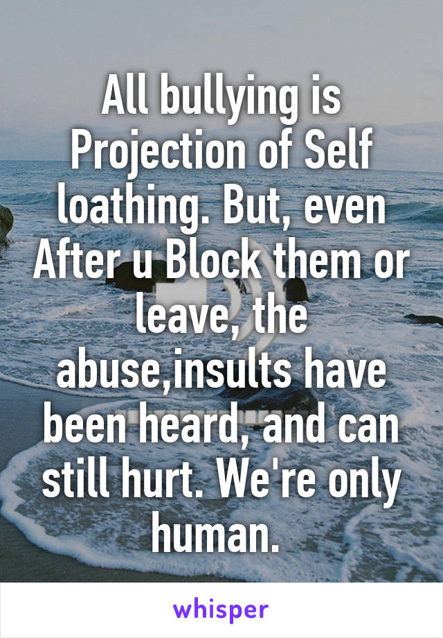 All bullying is Projection of Self loathing. But, even After u Block them or leave, the abuse,insults have been heard, and can still hurt. We're only human. 