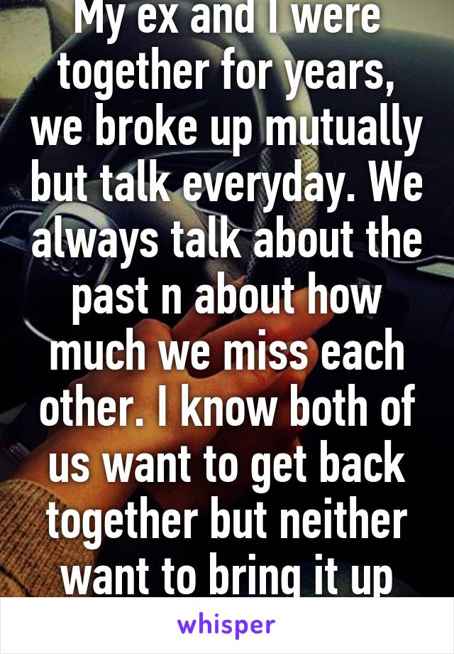 My ex and I were together for years, we broke up mutually but talk everyday. We always talk about the past n about how much we miss each other. I know both of us want to get back together but neither want to bring it up first. 