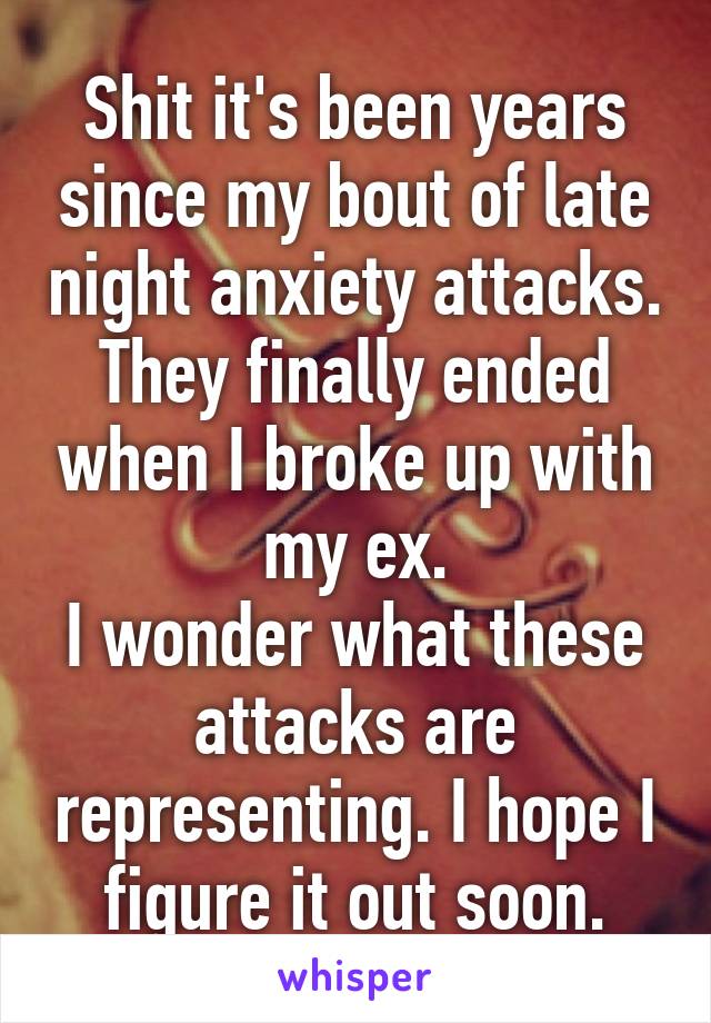 Shit it's been years since my bout of late night anxiety attacks. They finally ended when I broke up with my ex.
I wonder what these attacks are representing. I hope I figure it out soon.