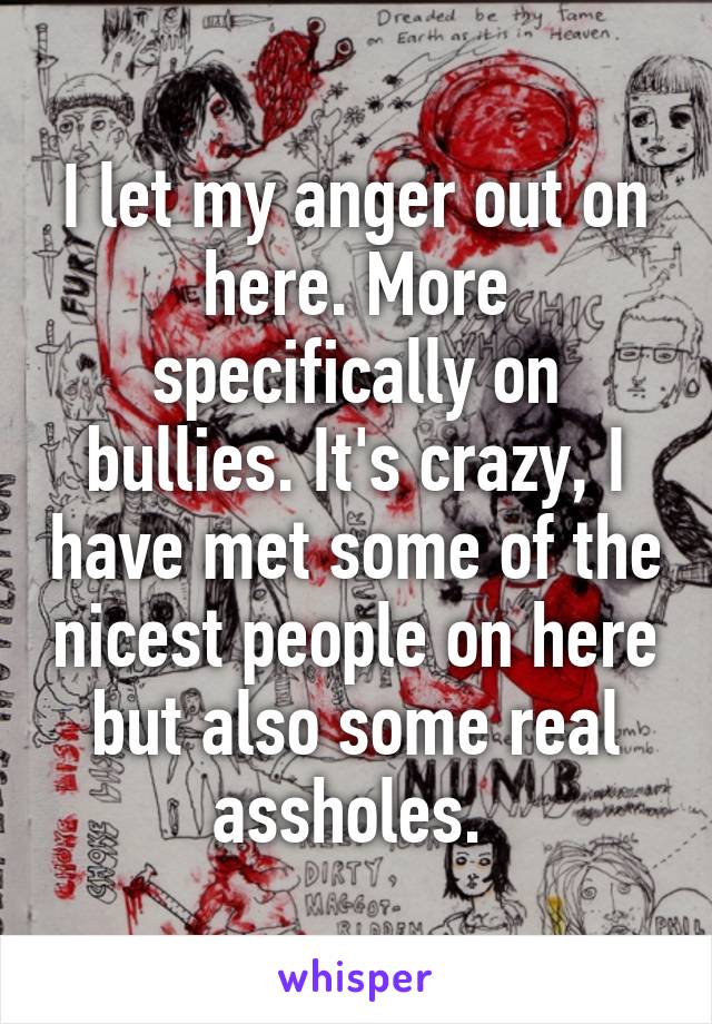 I let my anger out on here. More specifically on bullies. It's crazy, I have met some of the nicest people on here but also some real assholes. 