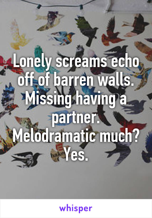 Lonely screams echo off of barren walls. Missing having a partner. Melodramatic much? Yes.