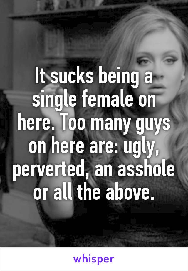 It sucks being a single female on here. Too many guys on here are: ugly, perverted, an asshole or all the above.