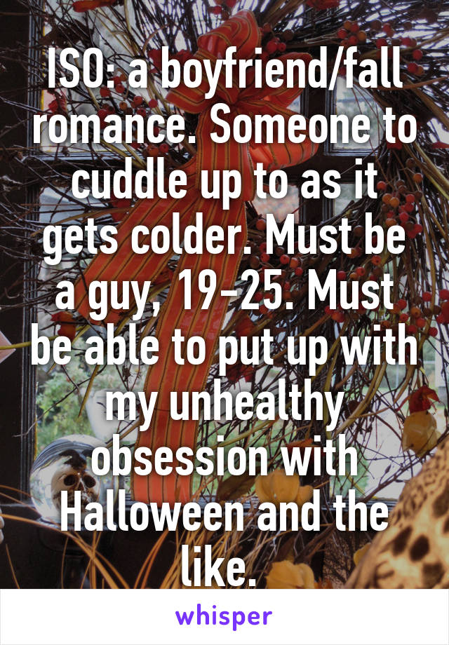 ISO: a boyfriend/fall romance. Someone to cuddle up to as it gets colder. Must be a guy, 19-25. Must be able to put up with my unhealthy obsession with Halloween and the like. 