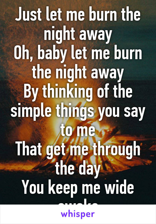 Just let me burn the night away
Oh, baby let me burn the night away
By thinking of the simple things you say to me
That get me through the day
You keep me wide awake