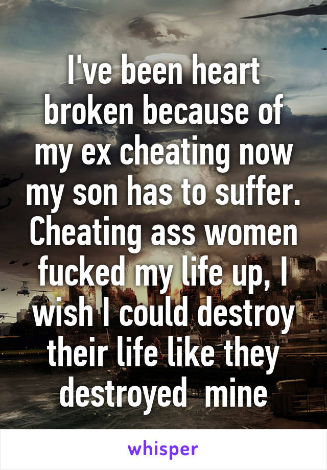 I've been heart broken because of my ex cheating now my son has to suffer. Cheating ass women fucked my life up, I wish I could destroy their life like they destroyed  mine