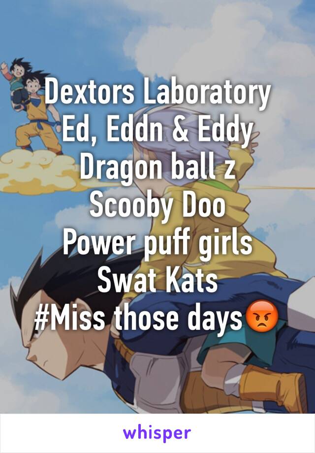 Dextors Laboratory
Ed, Eddn & Eddy
Dragon ball z
Scooby Doo
Power puff girls
Swat Kats
#Miss those days😡
