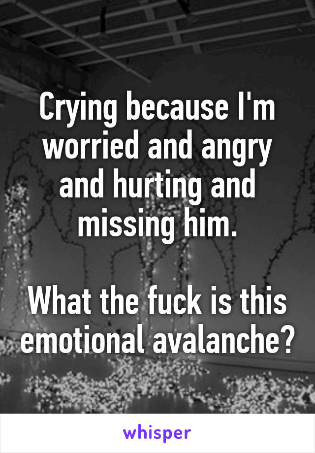 Crying because I'm worried and angry and hurting and missing him.

What the fuck is this emotional avalanche?