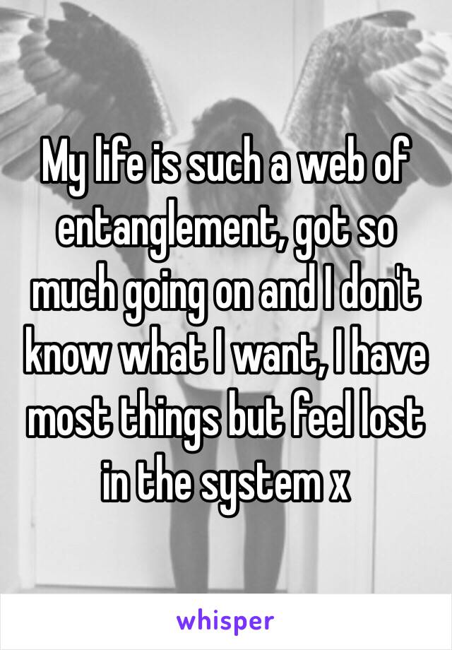 My life is such a web of entanglement, got so much going on and I don't know what I want, I have most things but feel lost in the system x