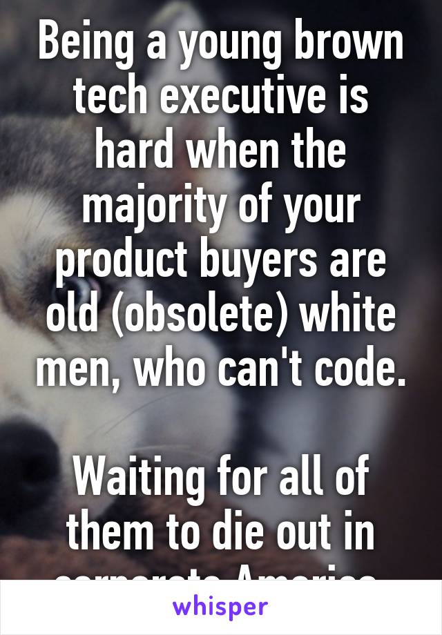 Being a young brown tech executive is hard when the majority of your product buyers are old (obsolete) white men, who can't code.

Waiting for all of them to die out in corporate America.