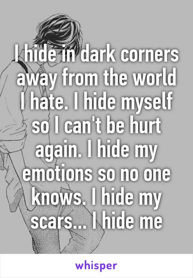 I hide in dark corners away from the world I hate. I hide myself so I can't be hurt again. I hide my emotions so no one knows. I hide my scars... I hide me