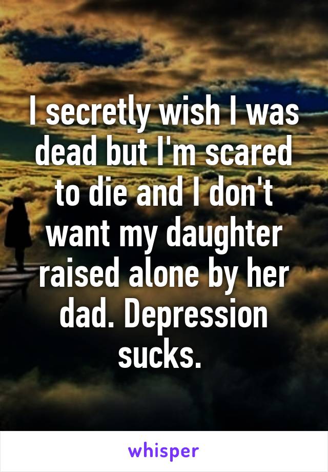 I secretly wish I was dead but I'm scared to die and I don't want my daughter raised alone by her dad. Depression sucks. 