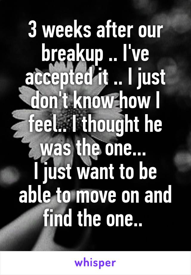 3 weeks after our breakup .. I've accepted it .. I just don't know how I feel.. I thought he was the one... 
I just want to be able to move on and find the one.. 
