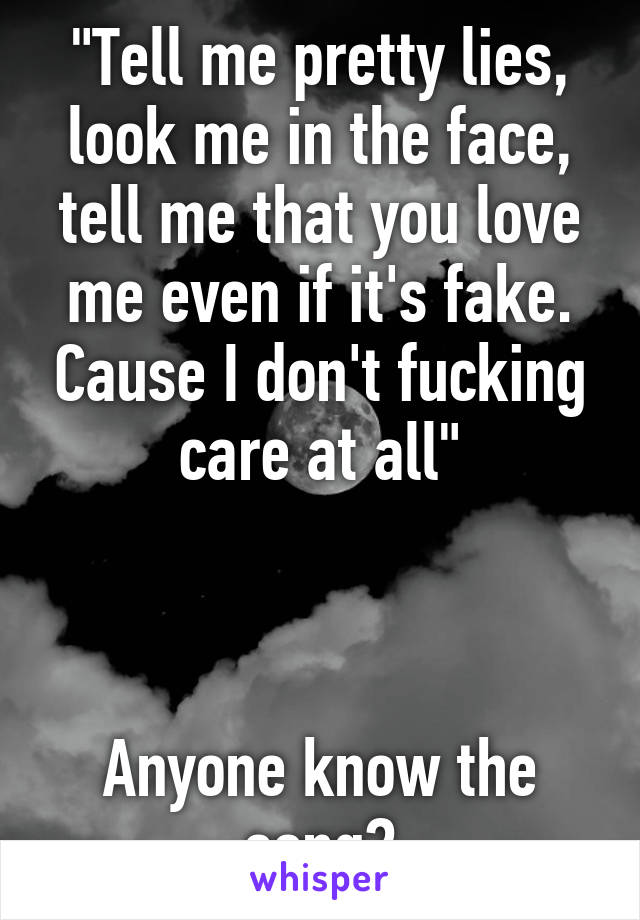 "Tell me pretty lies, look me in the face, tell me that you love me even if it's fake. Cause I don't fucking care at all"



Anyone know the song?