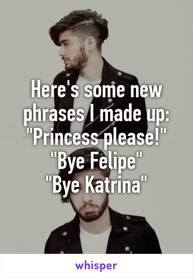 Here's some new phrases I made up:
"Princess please!"
"Bye Felipe"
"Bye Katrina"