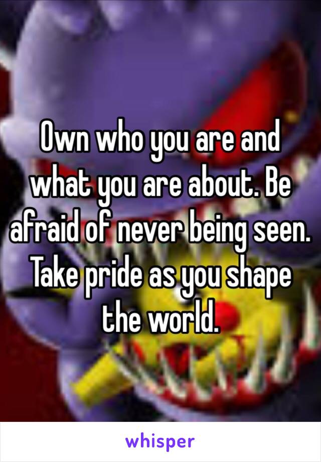 Own who you are and what you are about. Be afraid of never being seen. Take pride as you shape the world. 