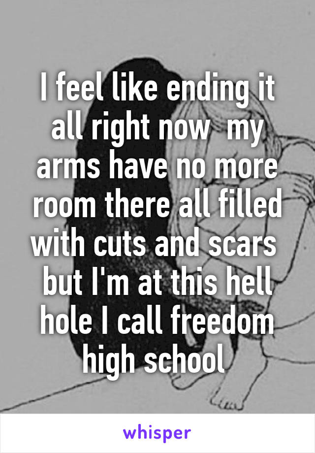 I feel like ending it all right now  my arms have no more room there all filled with cuts and scars  but I'm at this hell hole I call freedom high school 