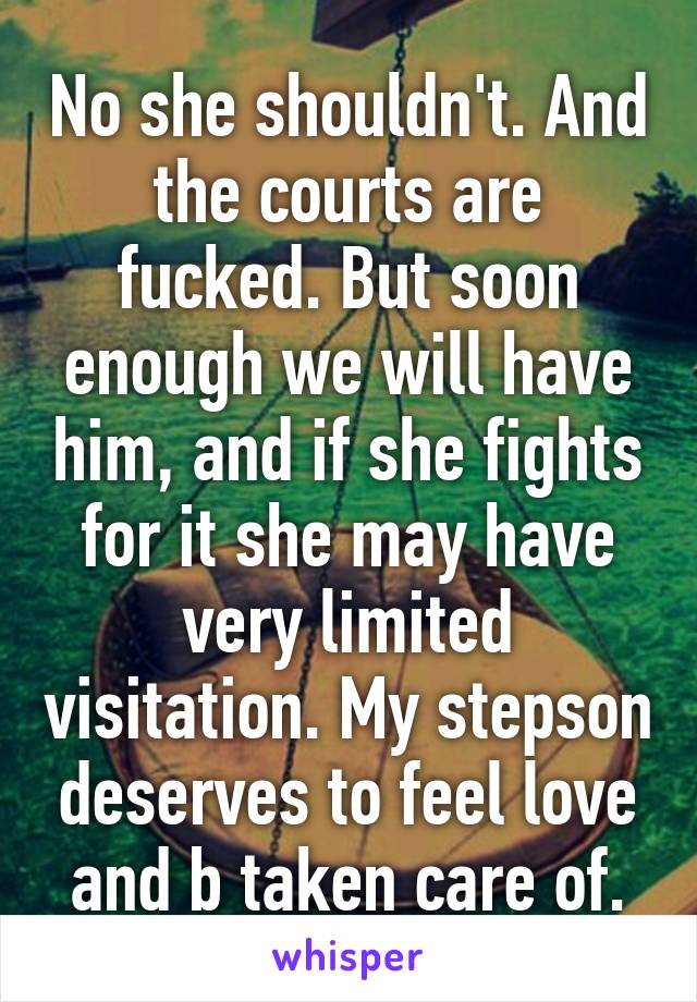 No she shouldn't. And the courts are fucked. But soon enough we will have him, and if she fights for it she may have very limited visitation. My stepson deserves to feel love and b taken care of.