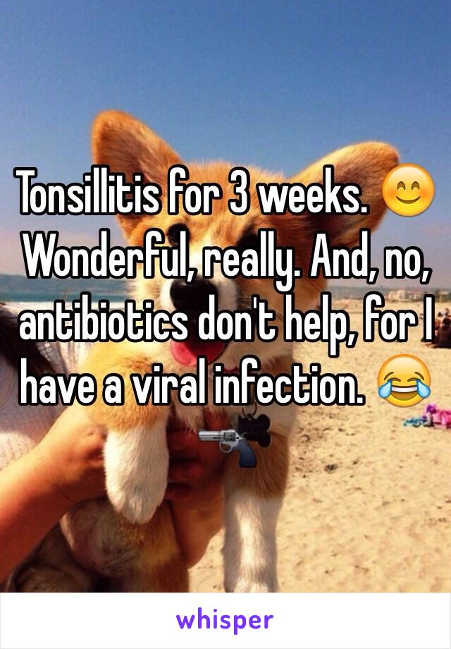 Tonsillitis for 3 weeks. 😊
Wonderful, really. And, no, antibiotics don't help, for I have a viral infection. 😂🔫