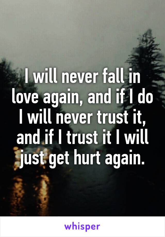 I will never fall in love again, and if I do I will never trust it, and if I trust it I will just get hurt again.