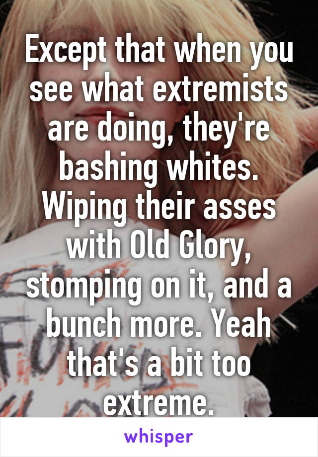 Except that when you see what extremists are doing, they're bashing whites. Wiping their asses with Old Glory, stomping on it, and a bunch more. Yeah that's a bit too extreme.