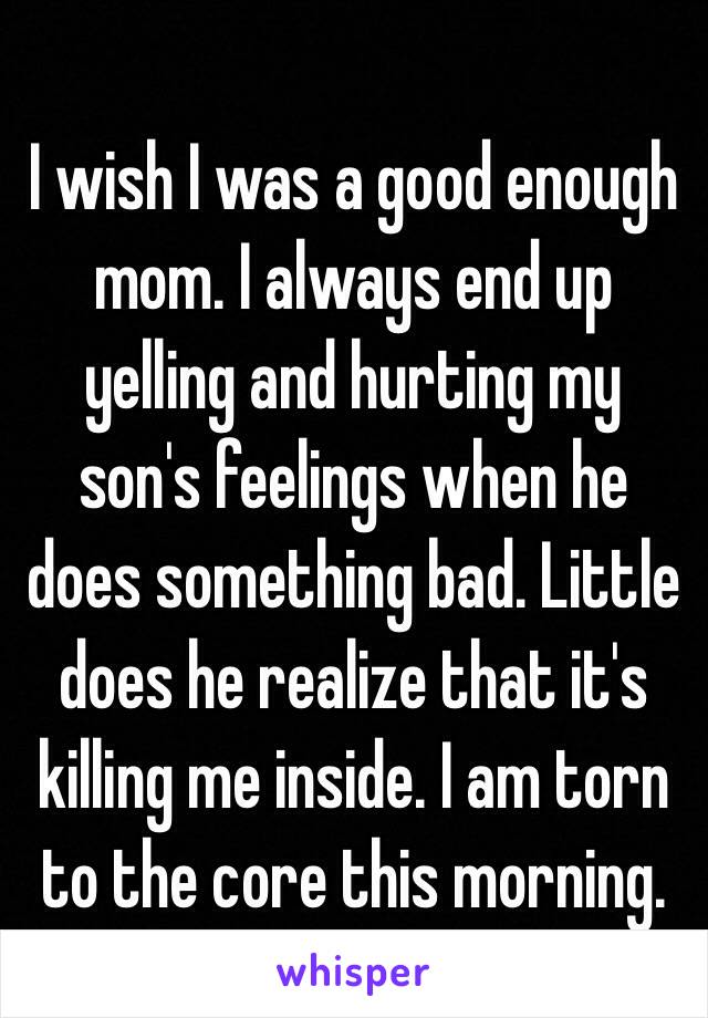 I wish I was a good enough mom. I always end up yelling and hurting my son's feelings when he does something bad. Little does he realize that it's killing me inside. I am torn to the core this morning.