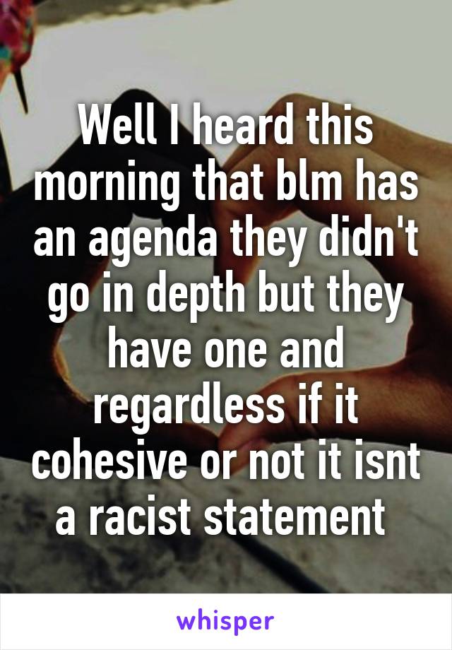 Well I heard this morning that blm has an agenda they didn't go in depth but they have one and regardless if it cohesive or not it isnt a racist statement 