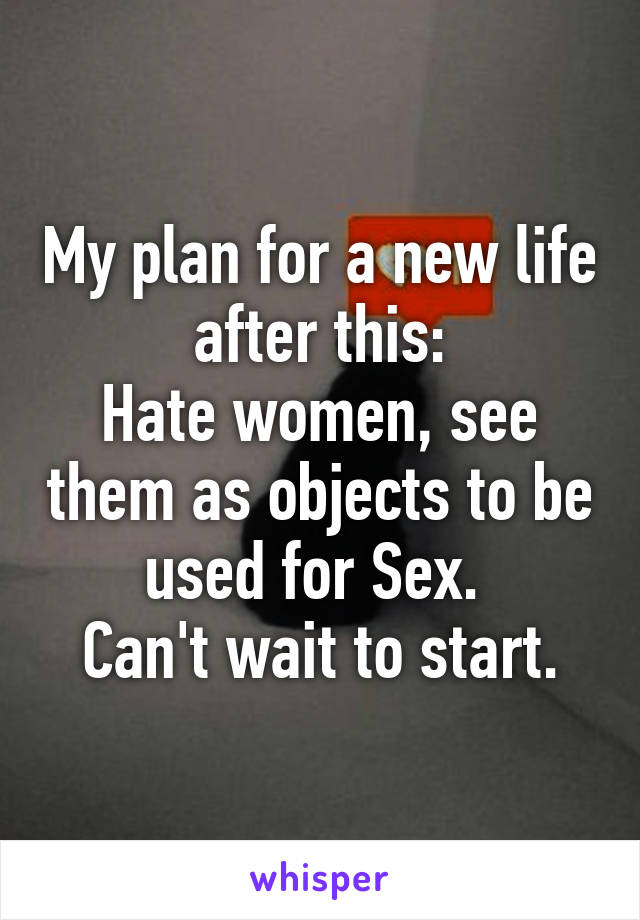 My plan for a new life after this:
Hate women, see them as objects to be used for Sex. 
Can't wait to start.