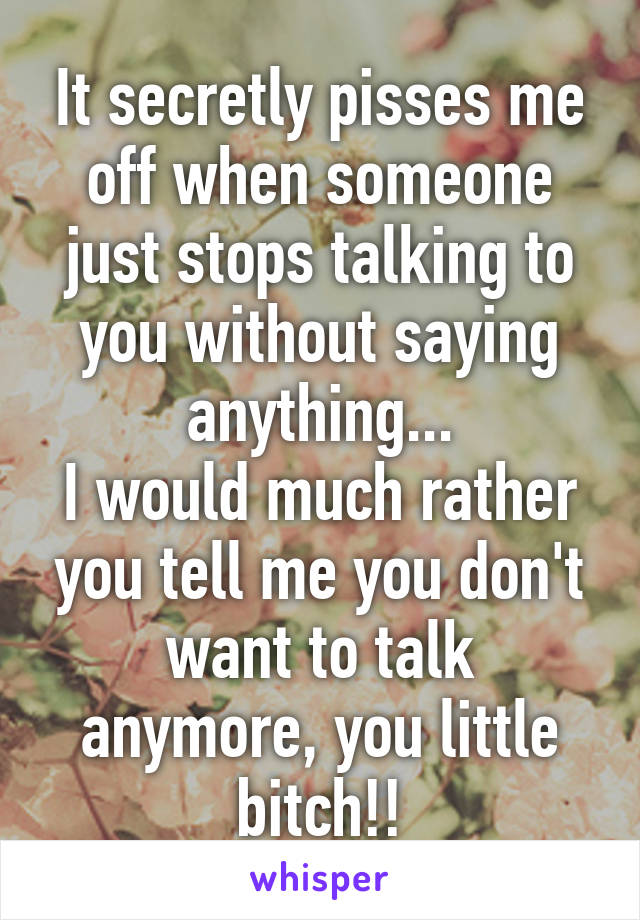 It secretly pisses me off when someone just stops talking to you without saying anything...
I would much rather you tell me you don't want to talk anymore, you little bitch!!