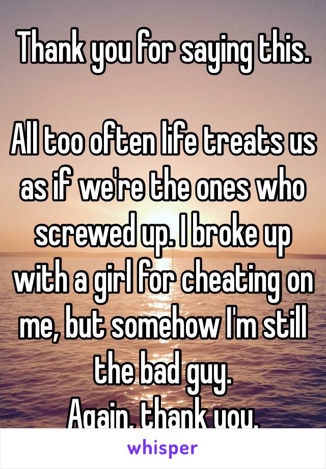 Thank you for saying this.

All too often life treats us as if we're the ones who screwed up. I broke up with a girl for cheating on me, but somehow I'm still the bad guy. 
Again, thank you.