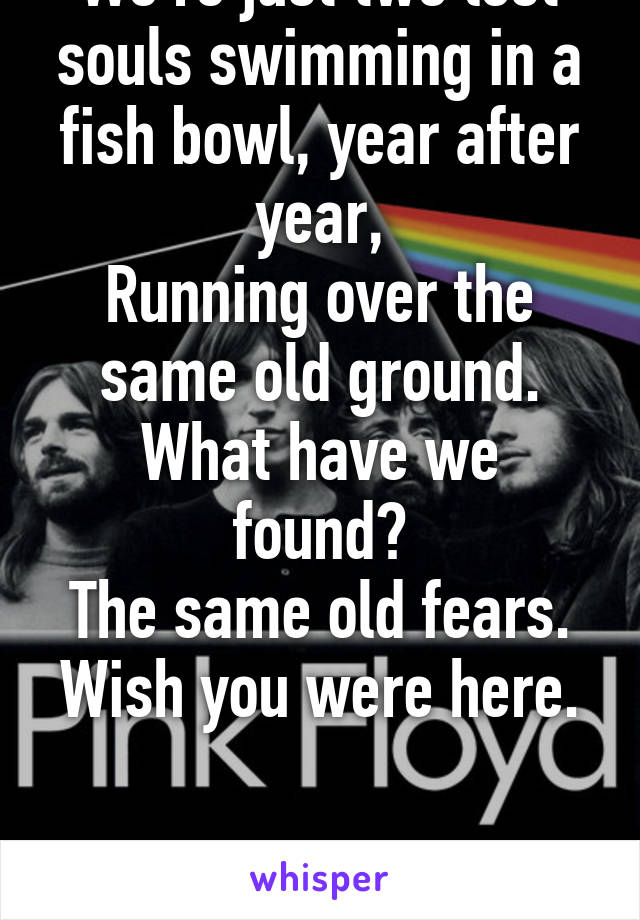 We're just two lost souls swimming in a fish bowl, year after year,
Running over the same old ground.
What have we found?
The same old fears.
Wish you were here.


