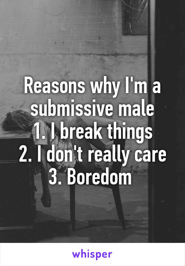 Reasons why I'm a submissive male
1. I break things
2. I don't really care
3. Boredom 