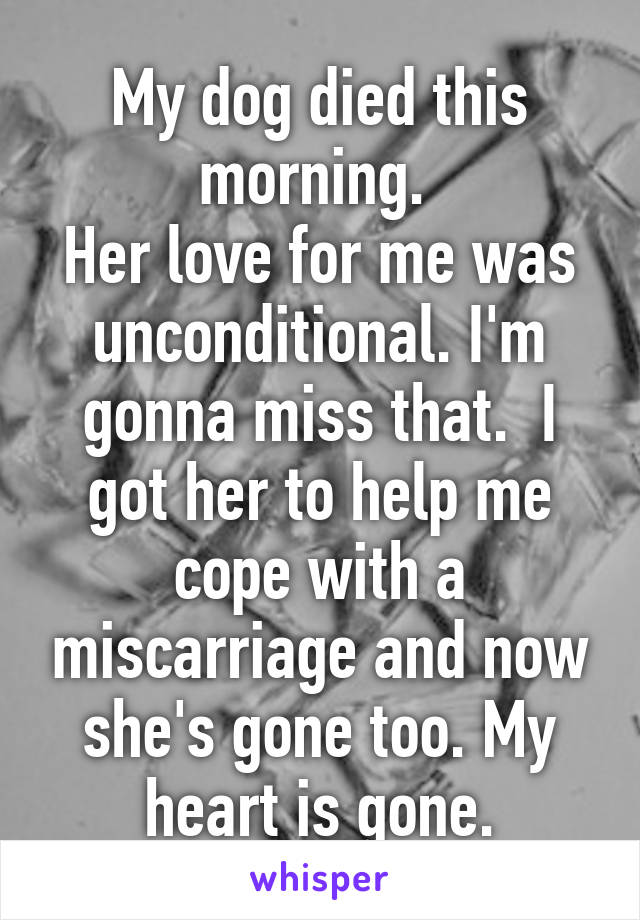 My dog died this morning. 
Her love for me was unconditional. I'm gonna miss that.  I got her to help me cope with a miscarriage and now she's gone too. My heart is gone.