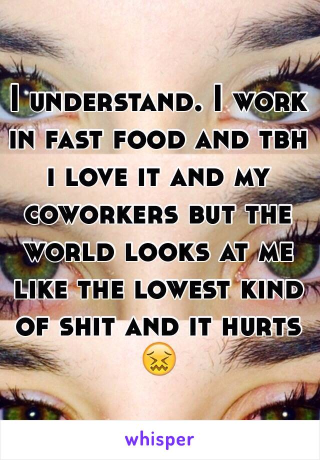 I understand. I work in fast food and tbh i love it and my coworkers but the world looks at me like the lowest kind of shit and it hurts 😖