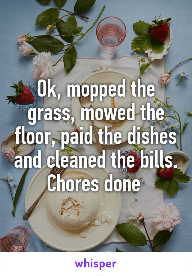 Ok, mopped the grass, mowed the floor, paid the dishes and cleaned the bills. Chores done 