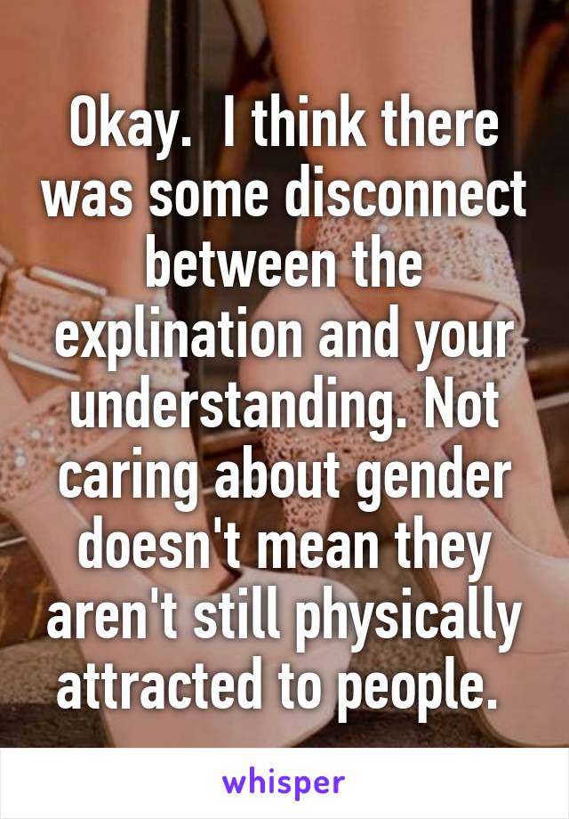 Okay.  I think there was some disconnect between the explination and your understanding. Not caring about gender doesn't mean they aren't still physically attracted to people. 