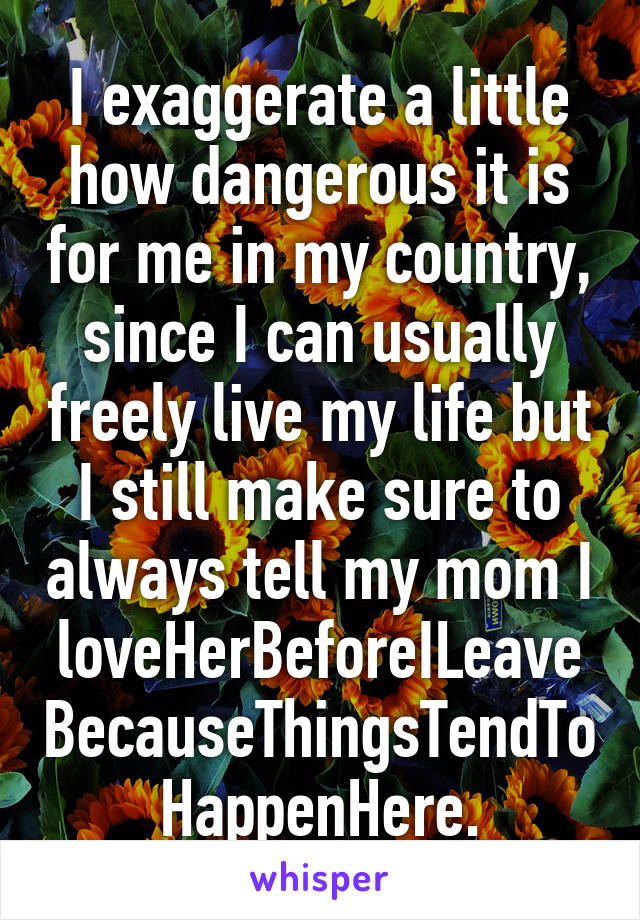 I exaggerate a little how dangerous it is for me in my country, since I can usually freely live my life but I still make sure to always tell my mom I loveHerBeforeILeaveBecauseThingsTendToHappenHere.