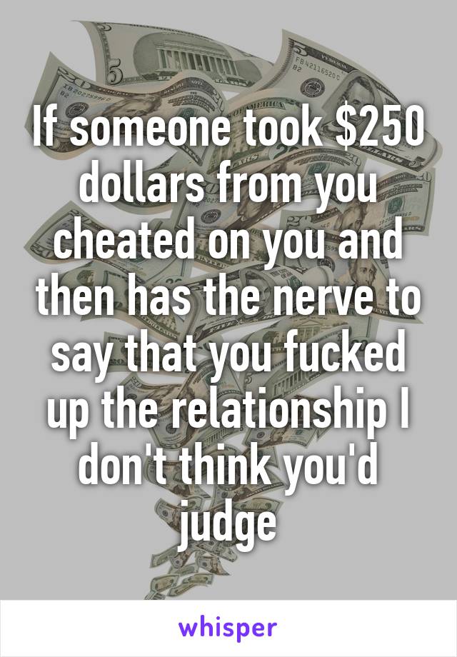 If someone took $250 dollars from you cheated on you and then has the nerve to say that you fucked up the relationship I don't think you'd judge