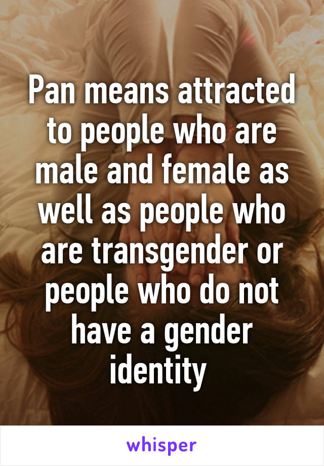 Pan means attracted to people who are male and female as well as people who are transgender or people who do not have a gender identity 